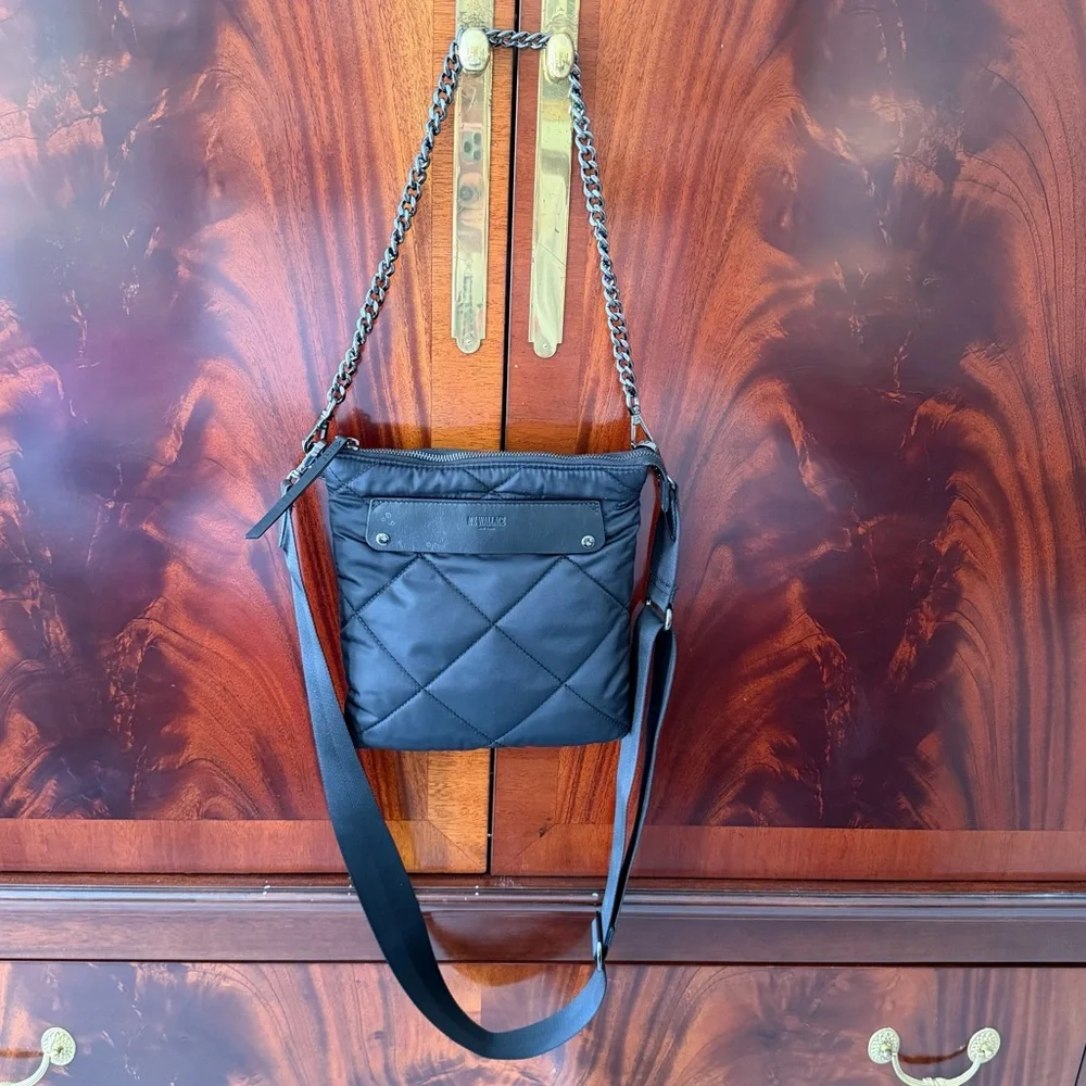 MZ Wallace Madison Flat Crossbody Black Quilted Nylon Bag